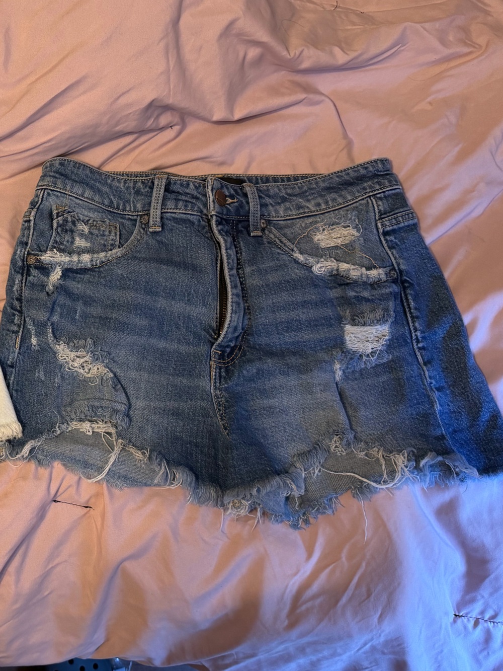 Buckle Distressed Denim Shorts in Blue